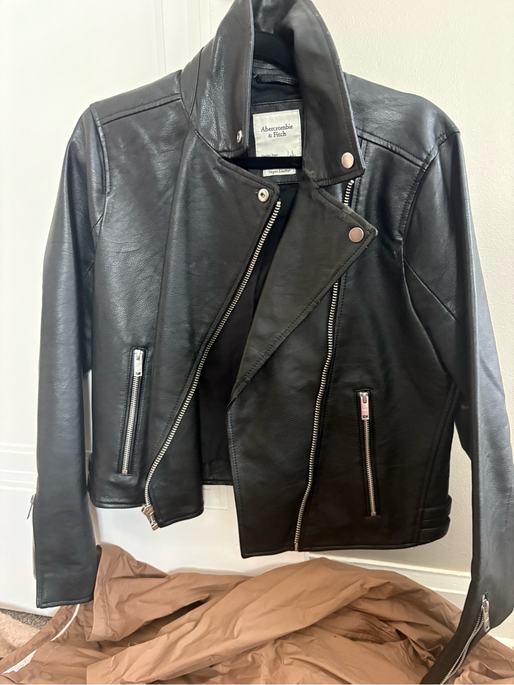 Abercrombie & Fitch Black Faux Leather Moto Jacket with Silver Hardware